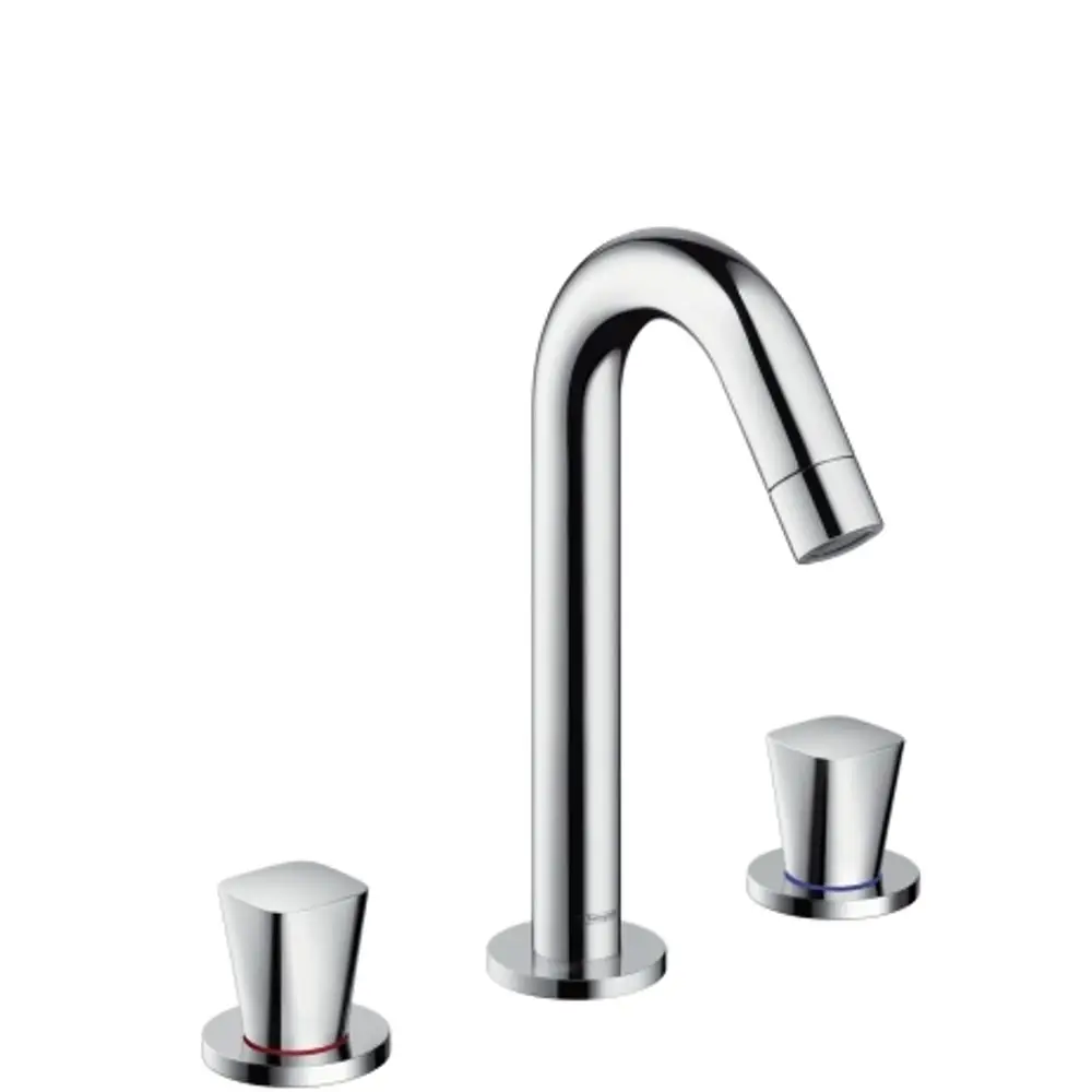 Chromfarbene Hansgrohe-Waschtischarmatur mit einem hohen, gebogenen Auslauf und zwei seitlichen Bedienelementen für Warm- und Kaltwasser.